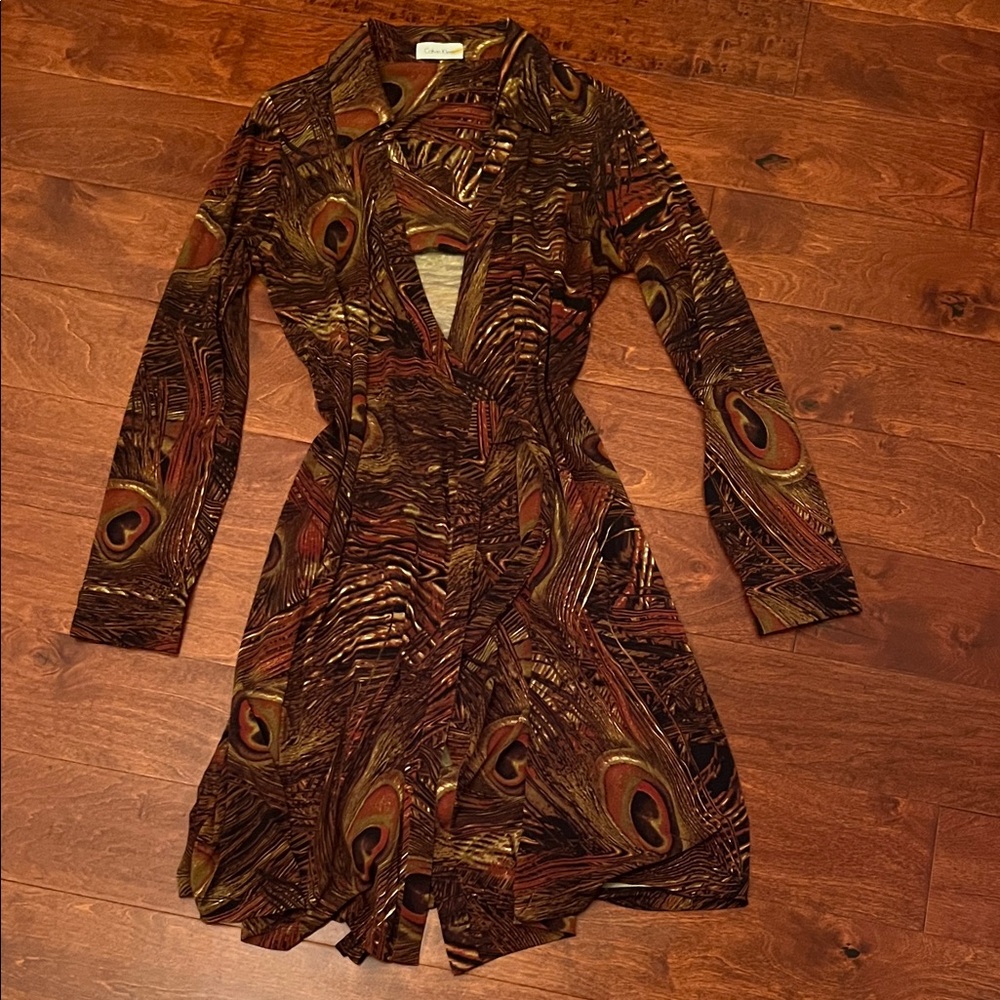 Calvin Klein Elegant Brown and Gold Patterned Dress